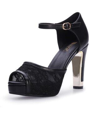 Women's Black Platform Peep Toe Chunky High Heels Party Sandals Wedding Shoes